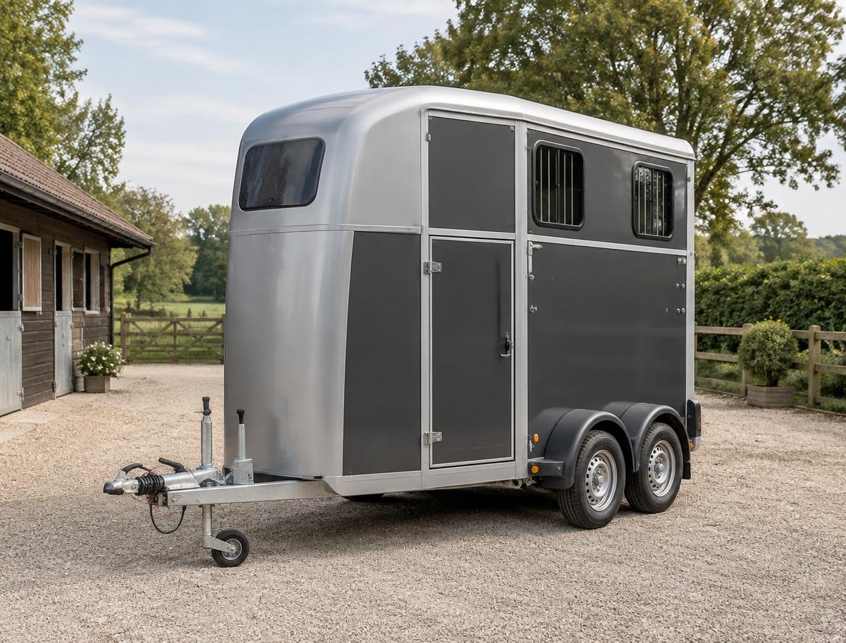 Graphite two-horse trailer parked at a Norfolk stable yard